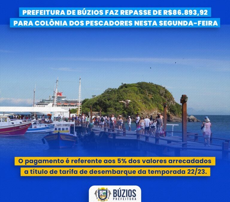Prefeitura de Búzios faz repasse de R$86.893,92 para Colônia dos Pescadores nesta segunda-feira