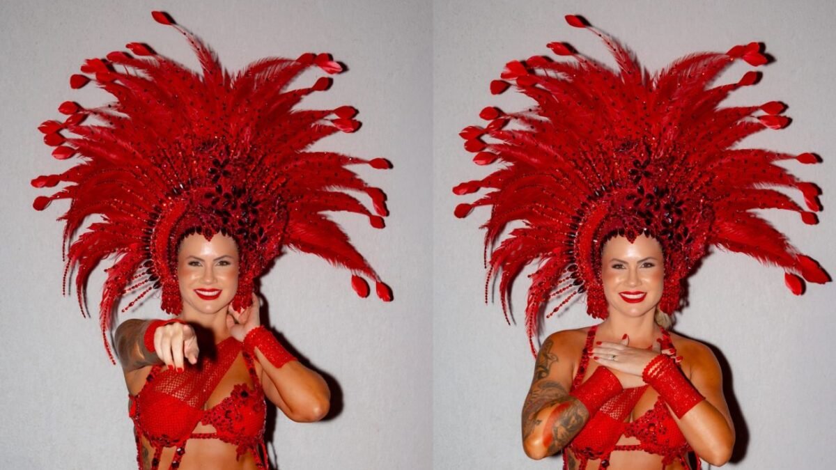 Musa da Tucuruvi, Isis Camargo, rouba a cena em mini desfile de carnaval na Fabrica do Samba