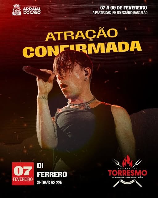 Festival de Torresmo e Churrasco: Di Ferrero será a grande atração desta sexta-feira (7) em Arraial do Cabo
